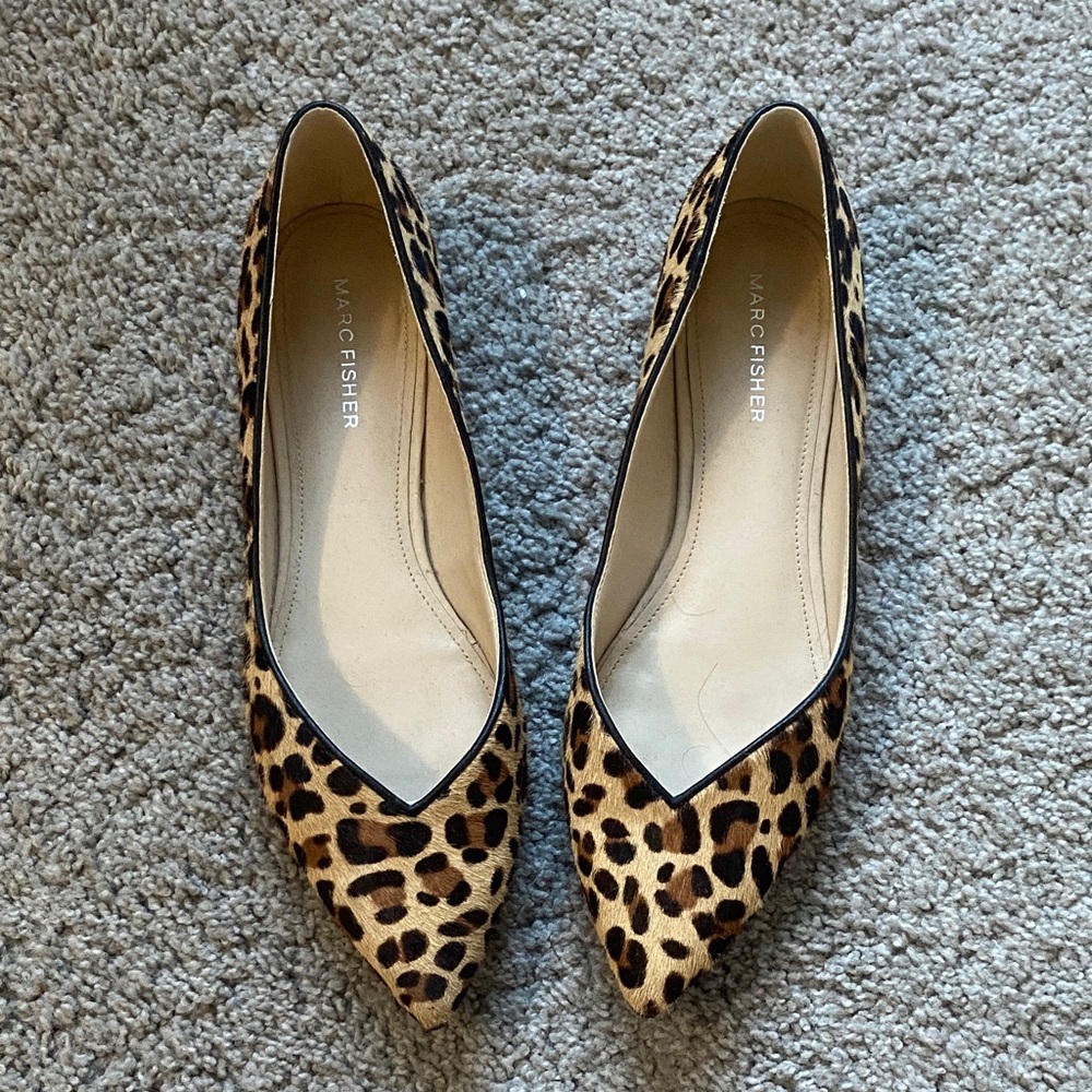 Marc Fisher Leopard-Print Pointed-Toe Flats in Tan and Black